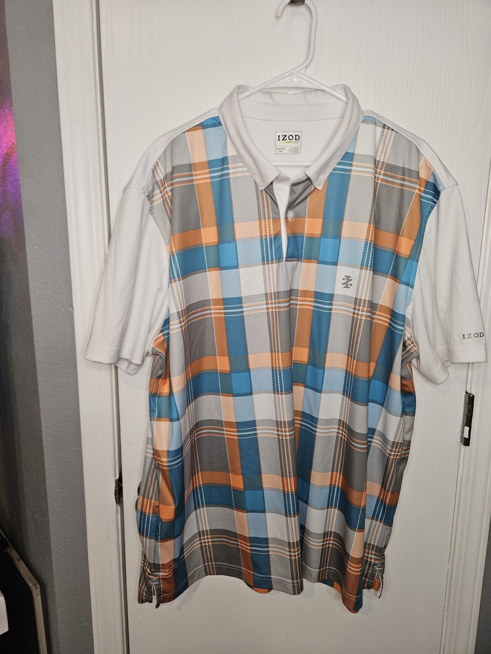Izod Blue Orange Blue Plaid Performance Polo